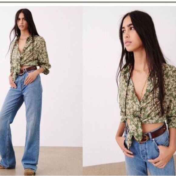 Ba&sh Lady Shirt in Tarmac Size 6 Lightweight Colored Tropical Front Tie - Picture 9 of 10